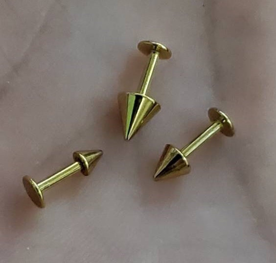 18g Gold Labret Spike, 3mm 4mm 5mm Cones, Helix Triple Forward, Tragus ...