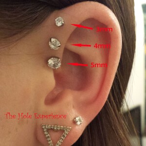 Forward Helix Earring, Tragus, Cartilage, Earring, 3 Prong Set CZ,  16g 6mm, Triple forward Helix, Triple Cartilage Piercing