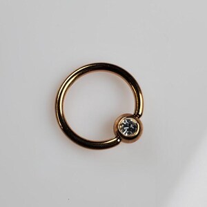 May include: A gold-toned circular body piercing with a clear gem set in a small ball at the end.