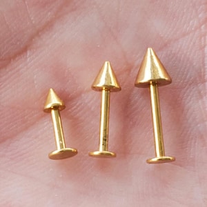 18g Gold Labret Spike, 3mm 4mm 5mm Cones,   1/4 6mm, 5/16 8mm, 3/8 10mm, Cheek Lip