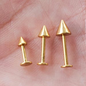 16g Gold Labret Spike, 3mm 4mm 5mm Cones,  Helix Triple Forward, Tragus, Labret, Cartilage, Ear,  1/4 = 6mm, 5/16 = 8mm, 3/8 = 10mm