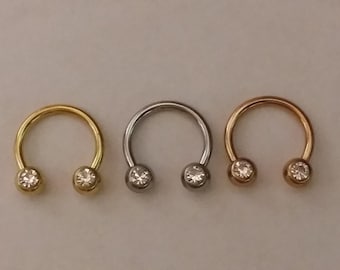 16g Septum Ring 3/8" 10mm 4mm CZ Gem Balls, Circular Barbells, Sold Single and Pairs, Rose Gold. Gold,