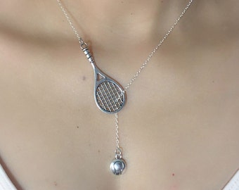 ON SALE - Tennis Racket with Ball Lariat Necklace - Tennis Jewelry - Tennis Gifts