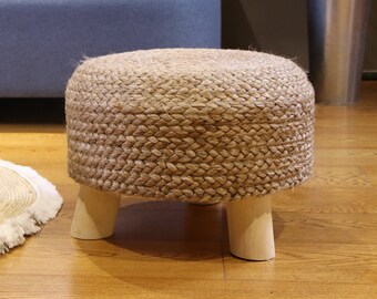 Modern Low Round Jute Stool Jute Rope Ottoman Wooden Chair Country