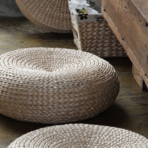 Custom Brown Rustic Round Floor Cushions Straw Floor Pouf Gift Etsy