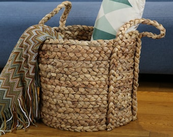 Large water hyacinth baskets with two strong handles round laundry baskets with handles for living room, bedroom and patio/sChristmas