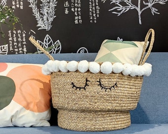 Cute water hyacinth storage baskets with sleep eyes and pom pom trim, unique straw laundry baskets/s/sChristmas