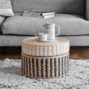 CUSTOM SIZE Beige brown and white round rustic floor cushions unique side table straw floor pouf Pouf ottoman meditation cushionChristmas