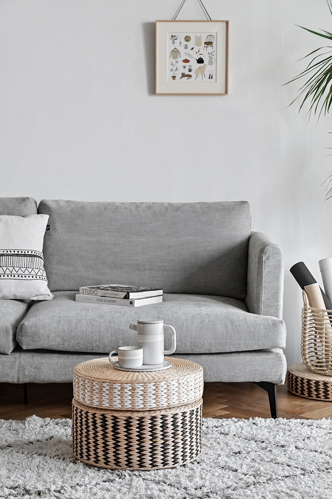 CUSTOM SIZE Beige Brown and White Round Rustic Floor Cushions Unique