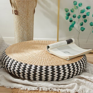 Straw round floor cushion with black and white edge Floor pouf ottoman meditation cushion Zafu Zabuton meditation pillow/sChristmas image 2