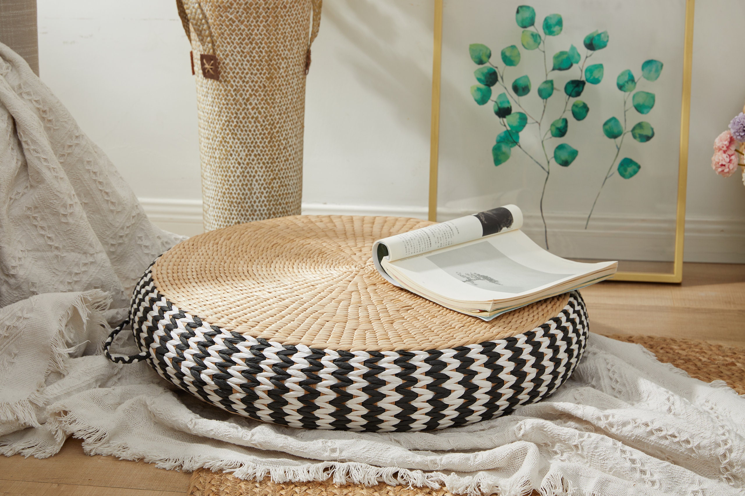 Straw Round Floor Cushion With Black and White Edge Floor Pouf