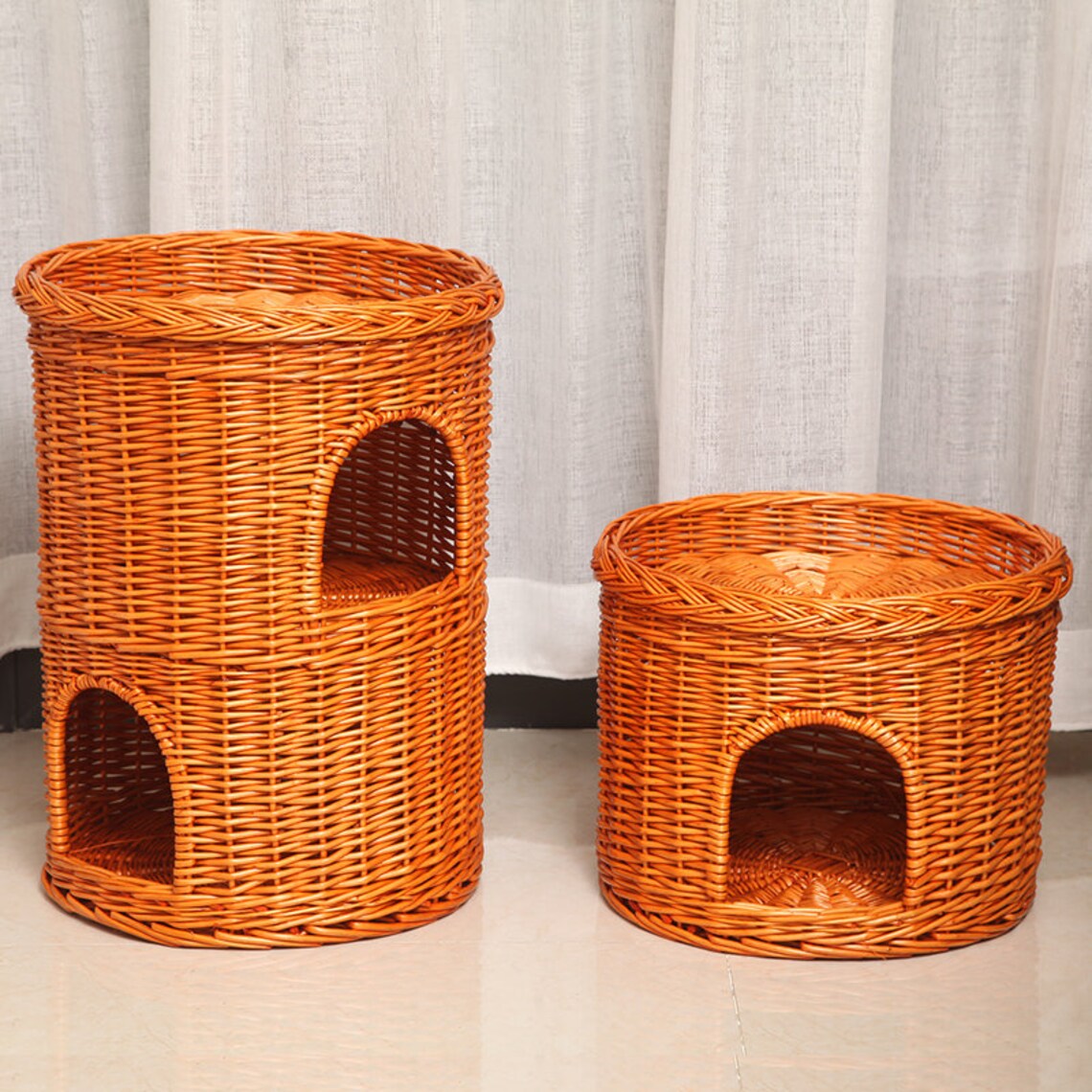 Rattan two level round cat house wicker pet bed dog house four Etsy