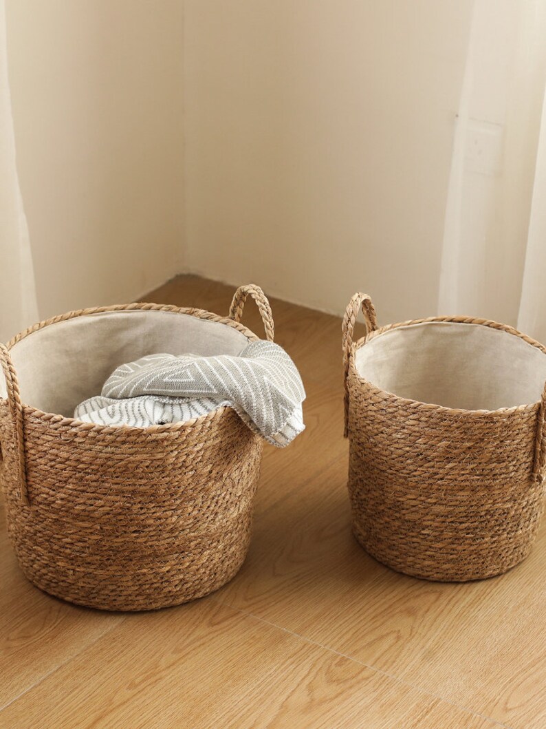 Rustic Straw Basket With Cloth Lining Laundry Basket With Etsy