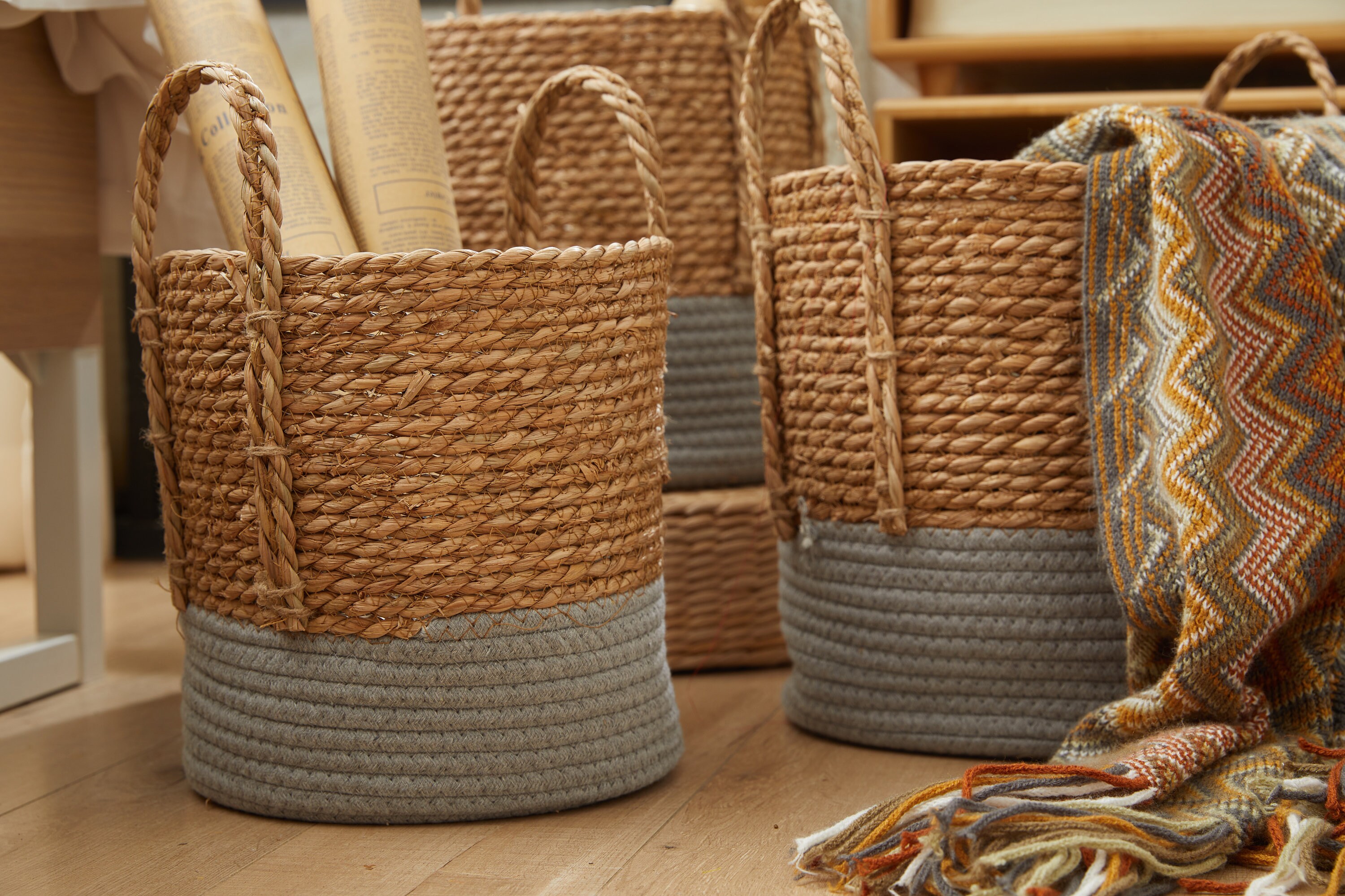 Rustic Straw Basket With Grey Color Bottoms Flower Pot Holder - Etsy