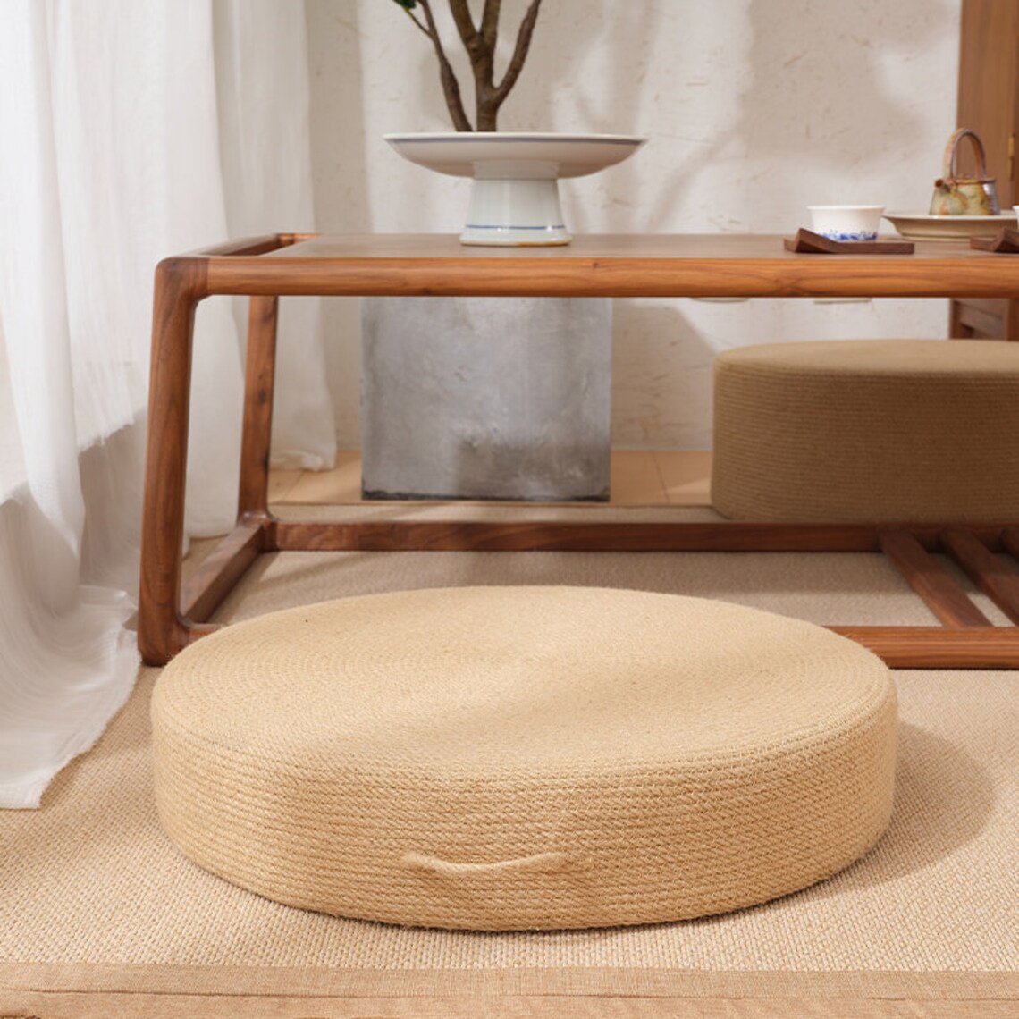 Rustic Round JUTE Floor Cushion With Handle Straw Floor Pouf Etsy