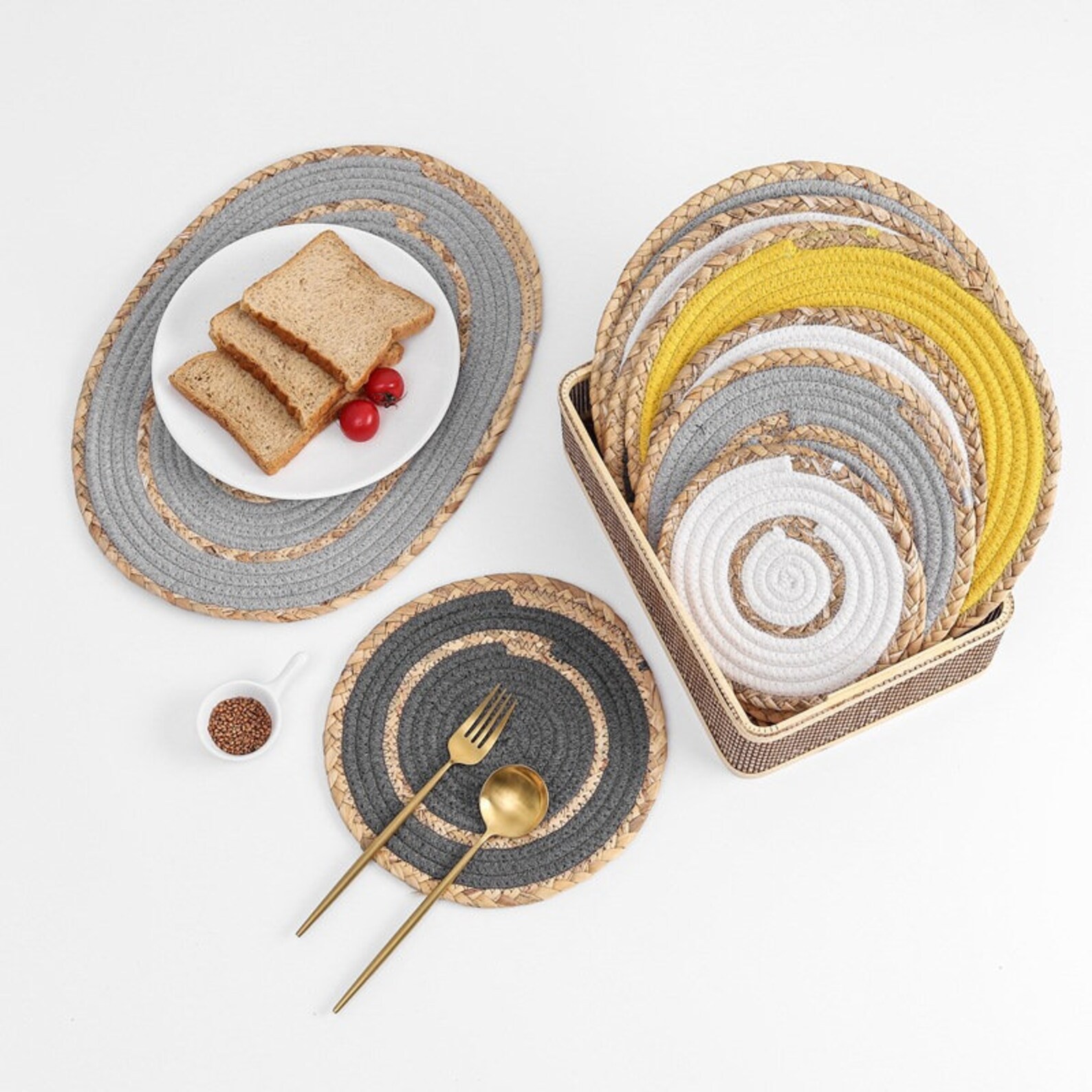 Vintage round cotton rope table mat with straw edge/wedding Etsy