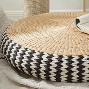 Straw round floor cushion with black and white edge Floor pouf ottoman meditation cushion Zafu Zabuton meditation pillow/sChristmas image 4