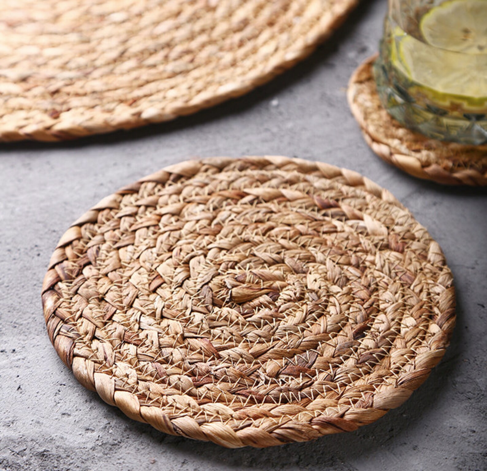Vintage handwoven round brown straw placemats/ rustic straw Etsy