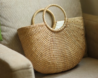 GRAS women's Summer half moon straw bag with round ring handle women's beach purse vacation bag wedding gift/s/Christmas giftsChristmas