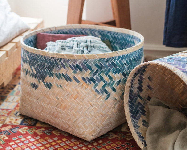 Chic blue braided bamboo basket straw plant holder straw Etsy