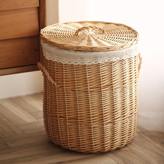 Panier de rangement en osier avec couvercle personnalisé - Linge