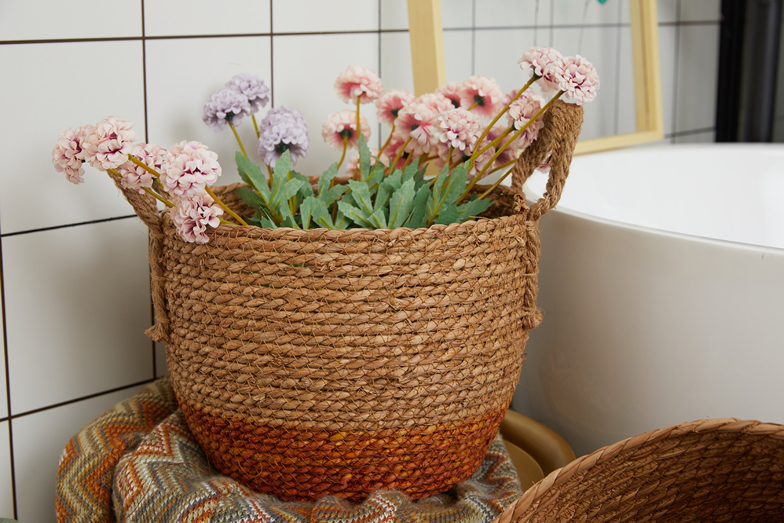 Chic Rustic Braided Straw Basket With Handles Straw Plant Etsy
