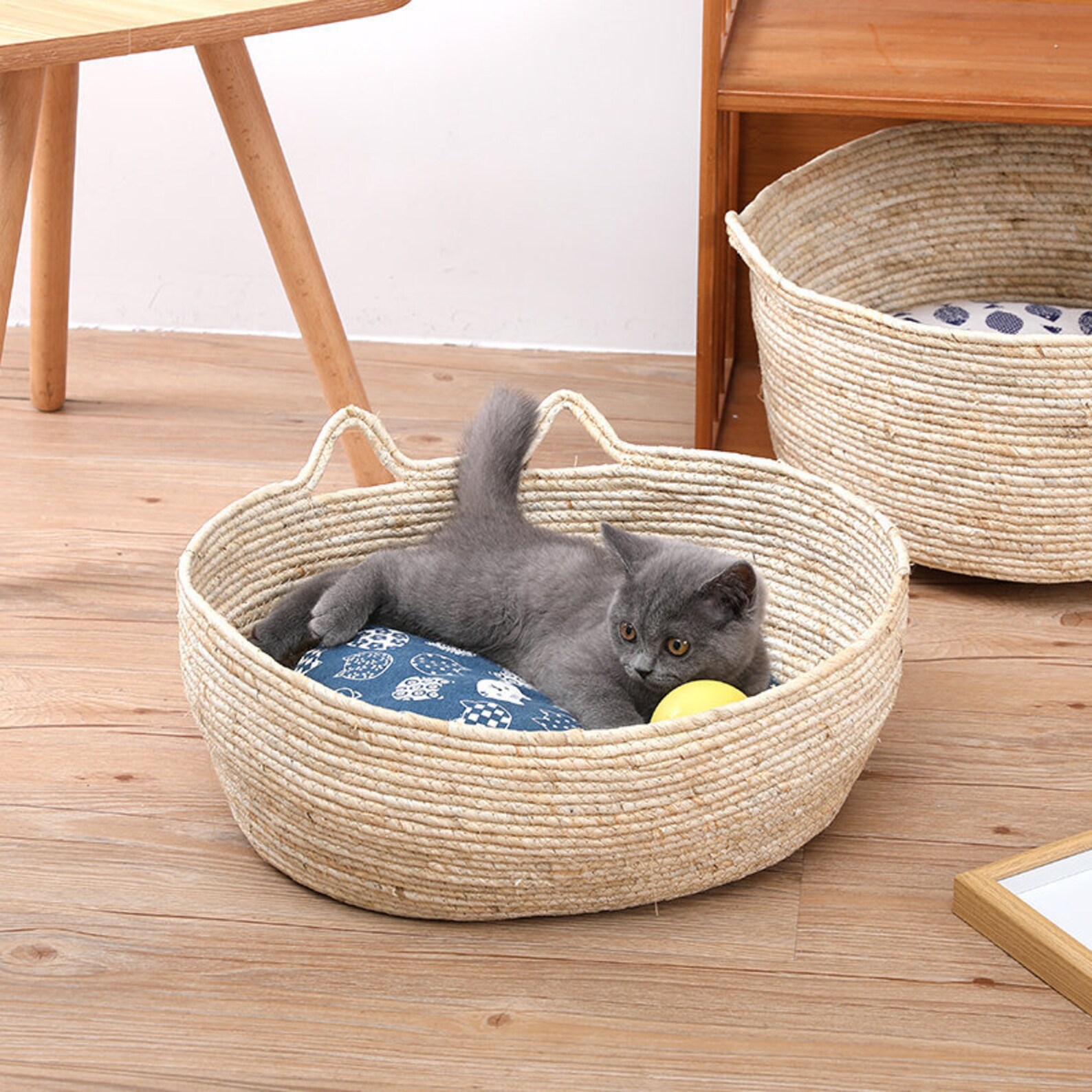 Handmade Round Brown Organic Straw Cat Bed With Soft Cushion Etsy