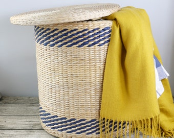 Handwoven round laundry hamper with blue strips/strong storge basket/straw basket/wedding gift/Wholesales bulk/Utility Basket/GrasShanghai