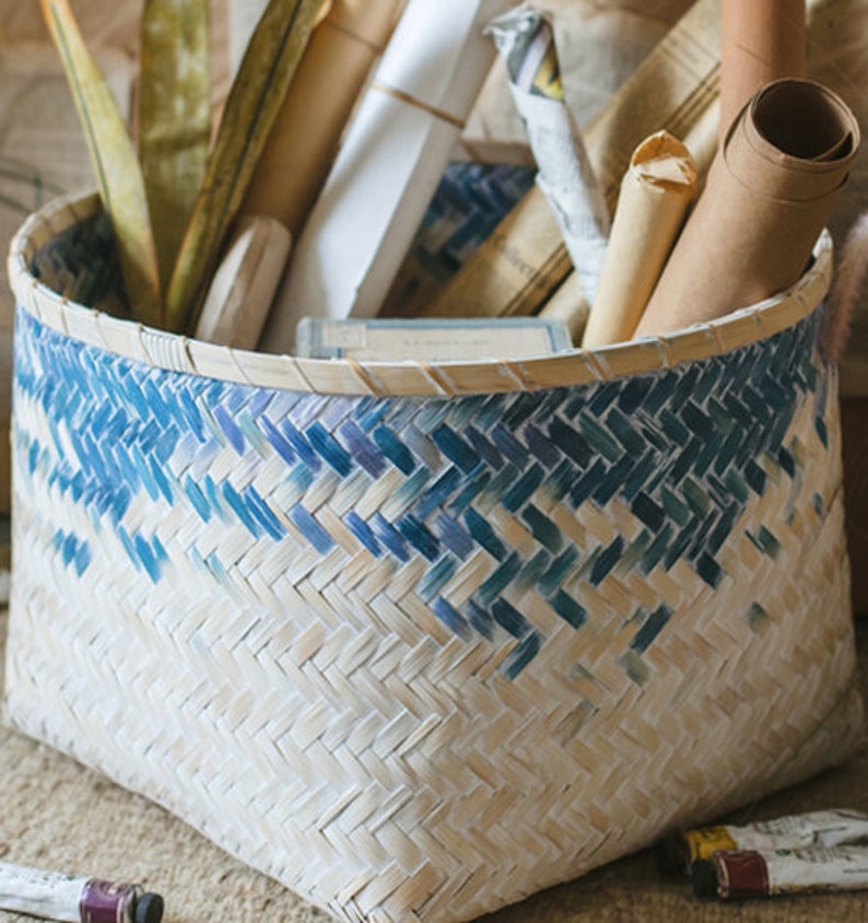 Chic blue braided bamboo basket straw plant holder straw Etsy