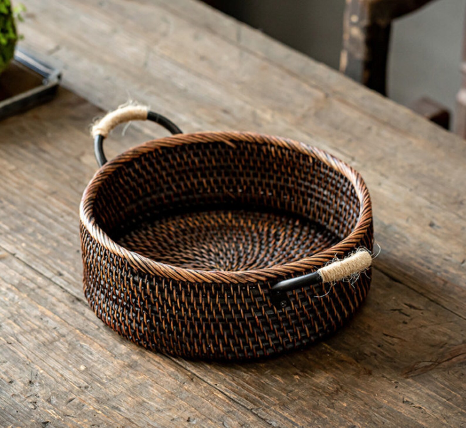 Vintage black rattan table basket with iron handles chic bread Etsy