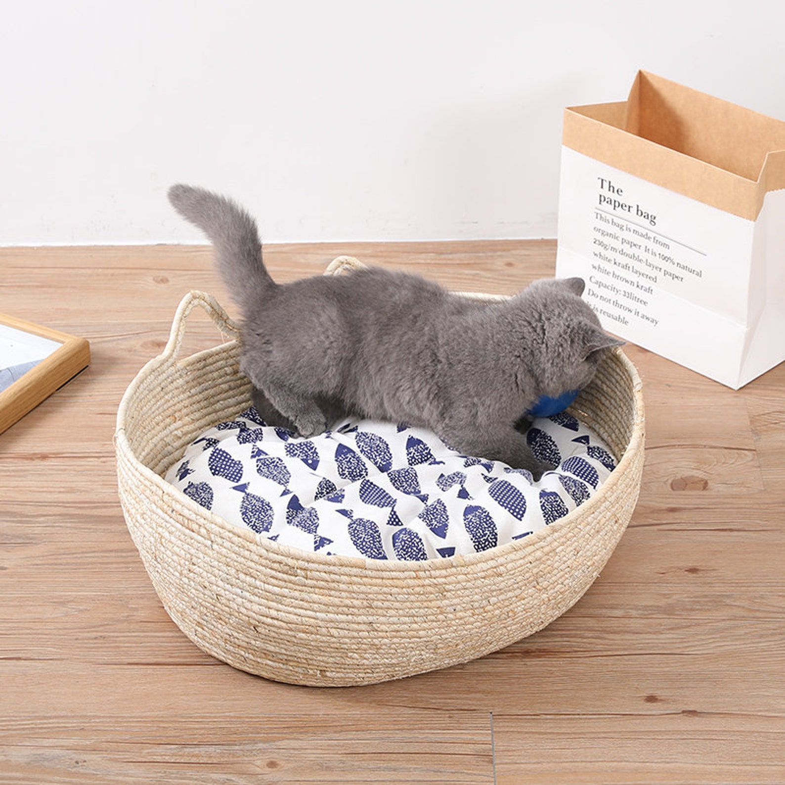 Handmade Round Brown Organic Straw Cat Bed With Soft Cushion Etsy