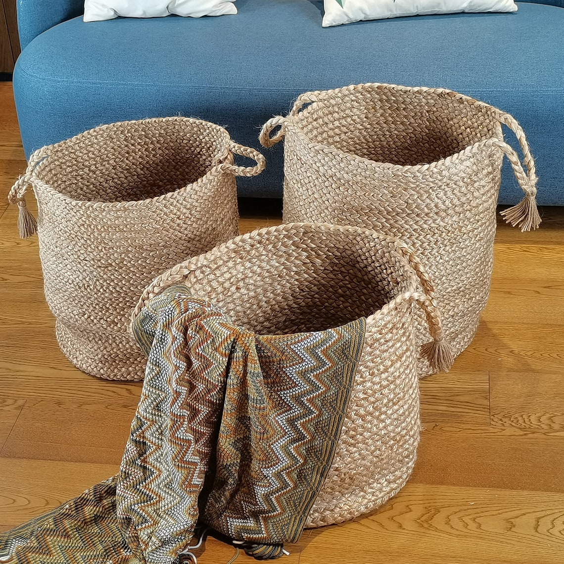Large Strong Jute Baskets With Tassels Round Laundry Baskets Etsy