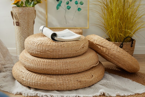 Straw Round Floor Cushion With Handle Floor Pouf And Ottoman Etsy