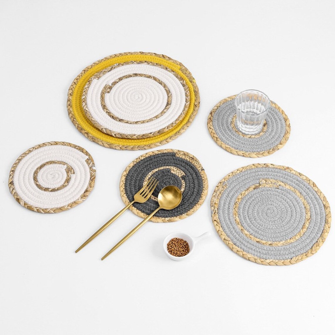 Vintage round cotton rope table mat with straw edge/wedding Etsy