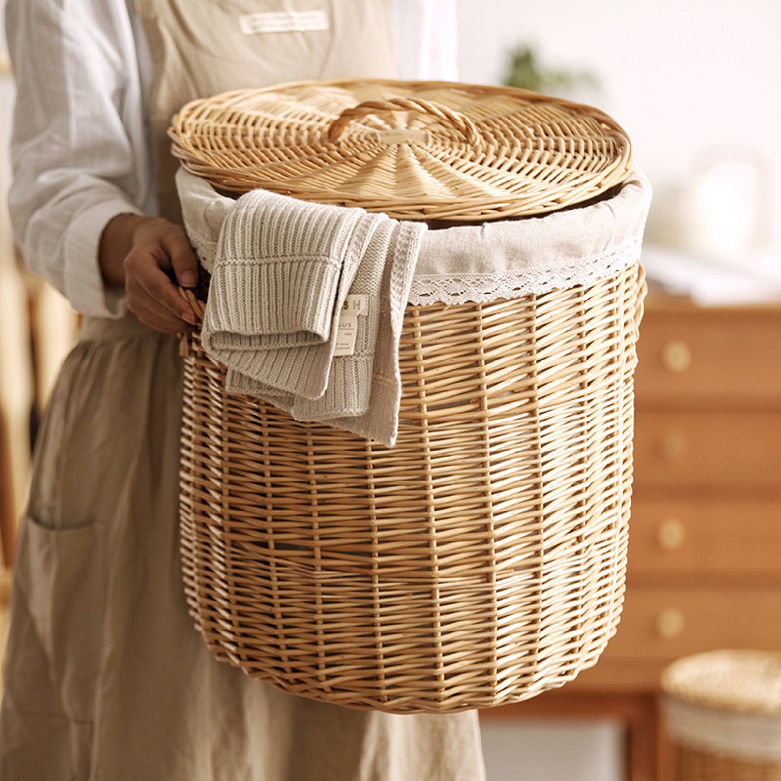 Large Wicker Laundry Hamper With Lid Laundry Basket Kitchen Etsy