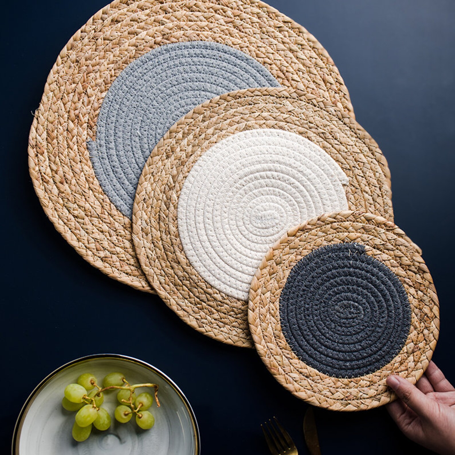 Vintage Round Cotton Rope Table Mat With Straw Edge/wedding Etsy