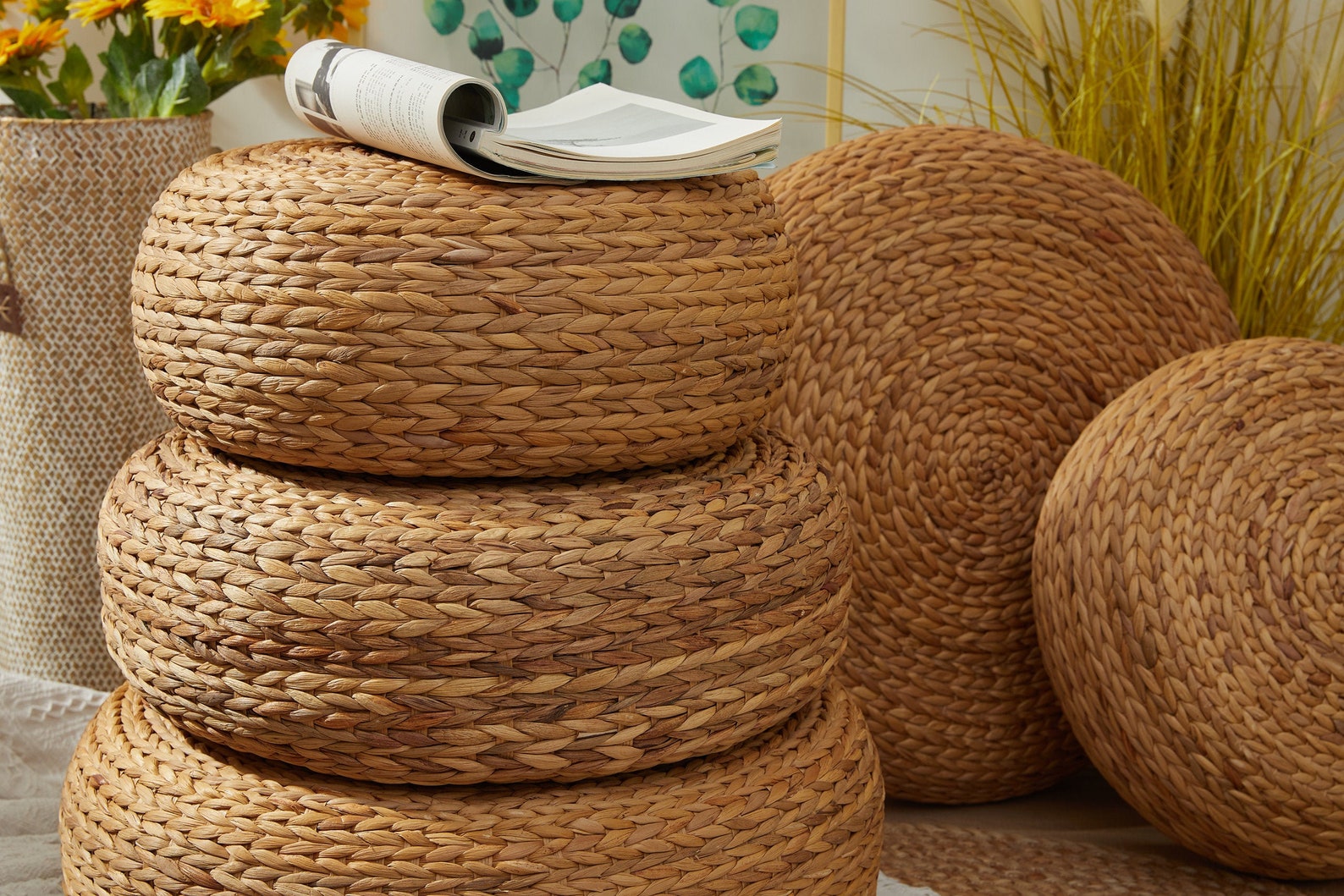 Round Rustic Floor Cushions Straw Floor Pouf Pouf Ottoman Yoga Etsy