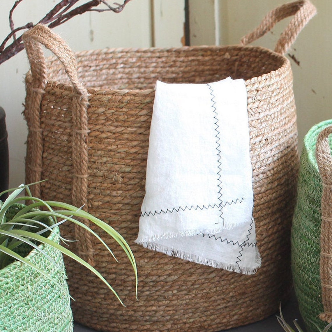 Chic round braided straw rope basket with handles straw plant Etsy