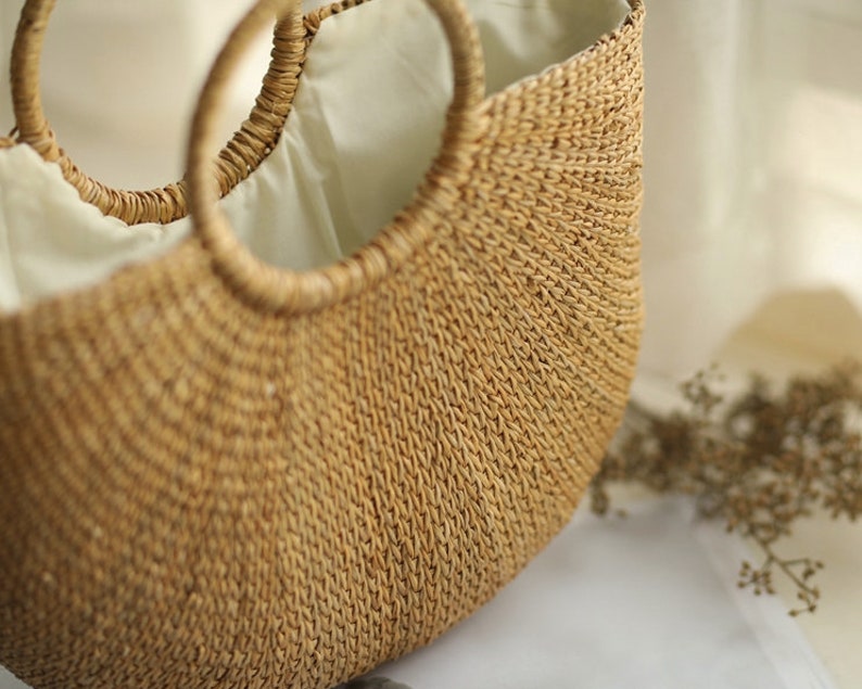 GRAS women's Summer half moon straw bag with round ring handle women's beach purse vacation bag wedding gift/s/Christmas giftsChristmas image 7