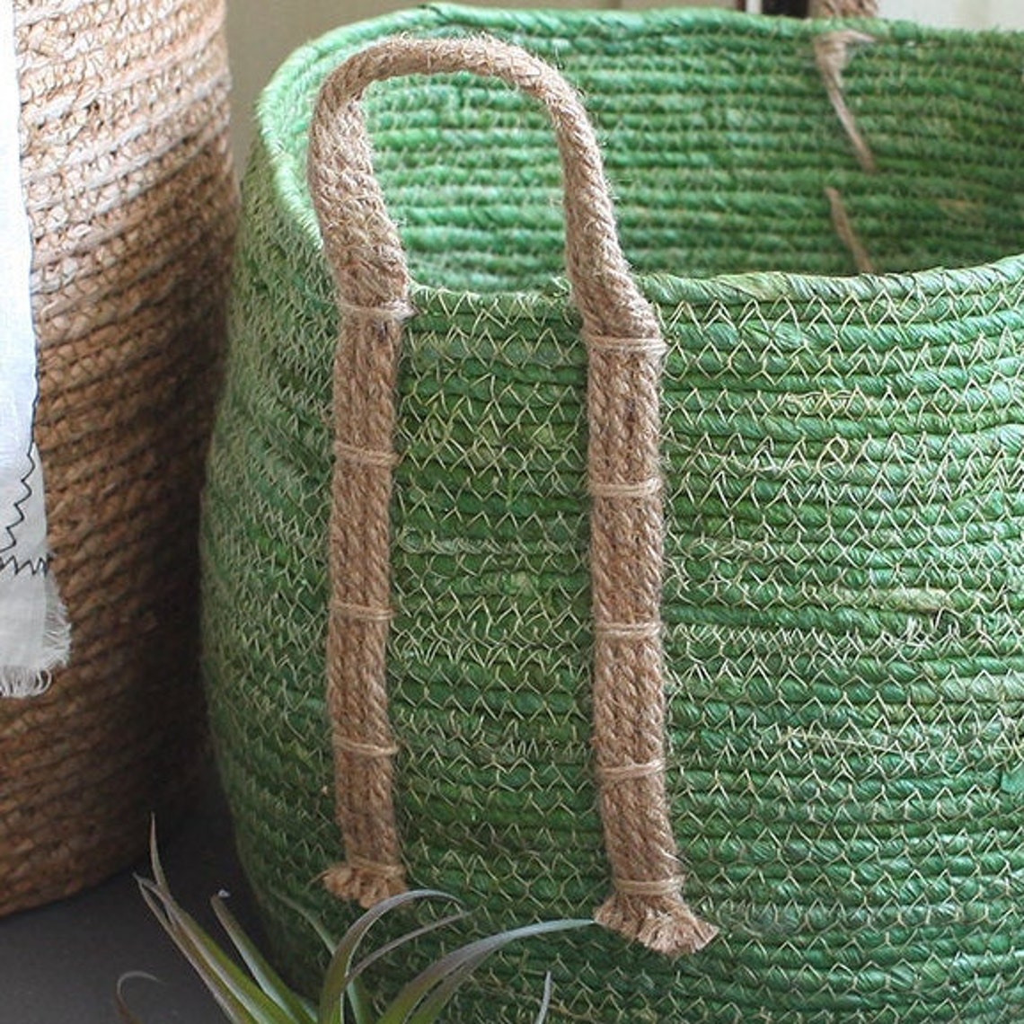 Chic round braided straw rope basket with handles straw plant Etsy