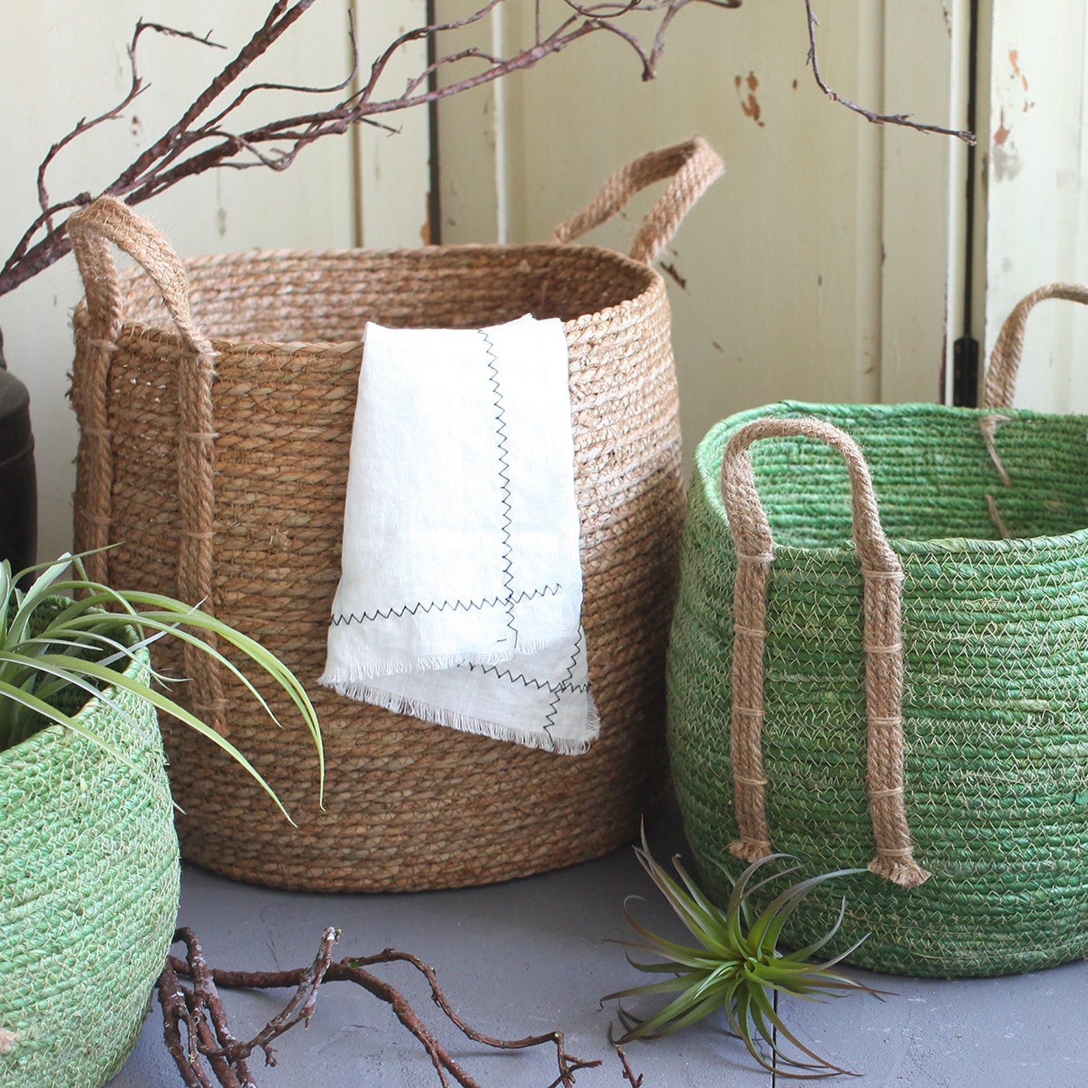Chic round braided straw rope basket with handles straw plant Etsy