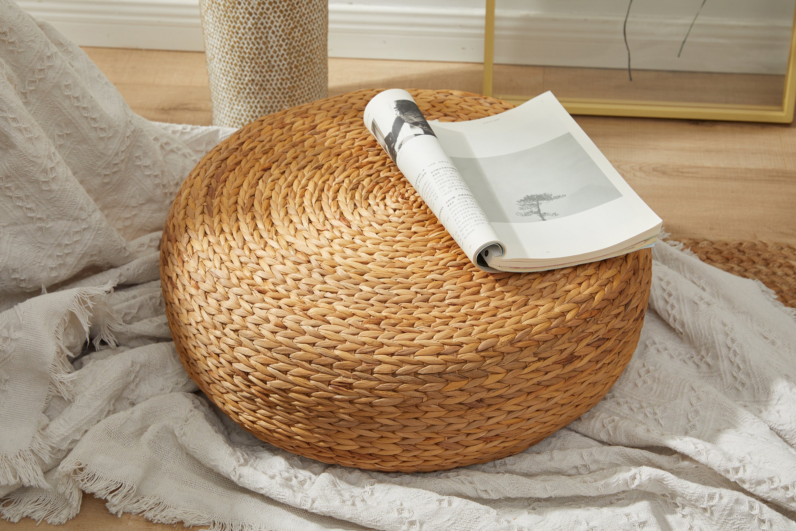 Round Rustic floor cushions straw floor pouf Pouf ottoman Yoga Etsy