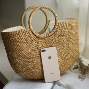 GRAS women's Summer half moon straw bag with round ring handle women's beach purse vacation bag wedding gift/s/Christmas giftsChristmas image 10