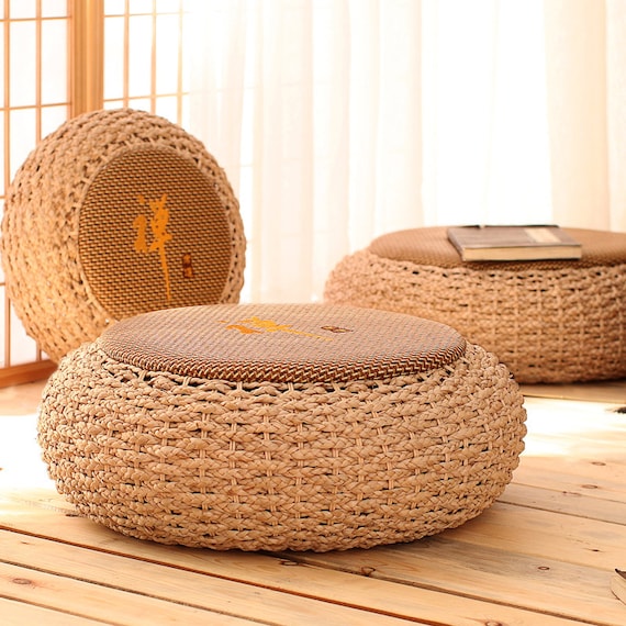 Round rustic floor cushions//floor pouf//Straw pouf//Pouf ottoman//Meditation//Yoga