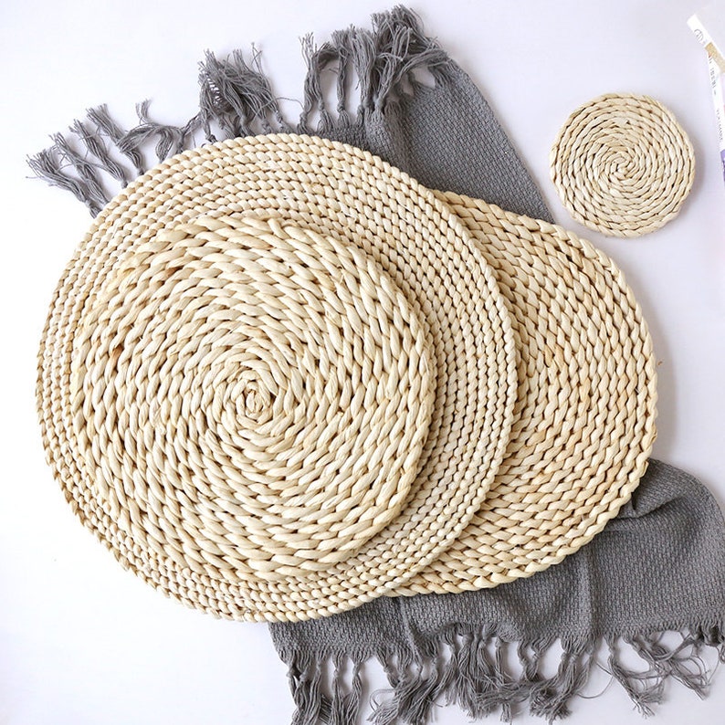 Rustic round white straw table mat/wedding gift tea set Etsy