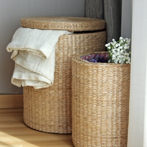 Cesta de lavandería redonda tejida a mano, cesta de almacenamiento, cesta de paja, reposapiés de almacenamiento, cesta de utilidad/s/sNavidad