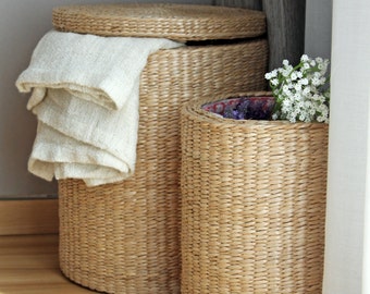 Handwoven round laundry hamper storage basket straw basket storage footstool Utility BasketChristmas gifts