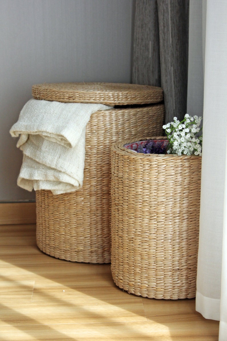 Handwoven round laundry hamper storage basket straw basket storage footstool Utility Basket/s/sChristmas image 1