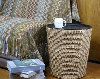 Round storage side table with metal lid, coffee table for living room table with huge storage space, beige & brown, available in 3 sizes