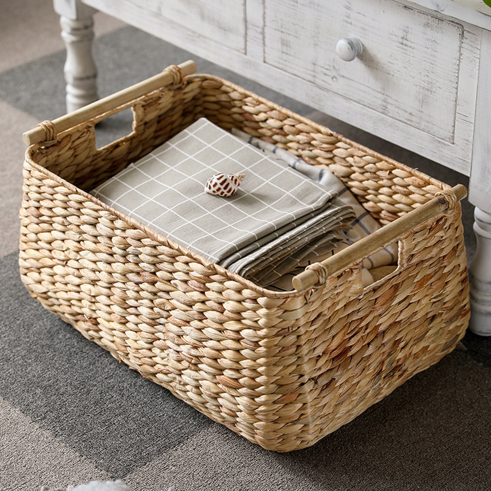 Rustic rectangular straw basket with wood handles/ laundry Etsy